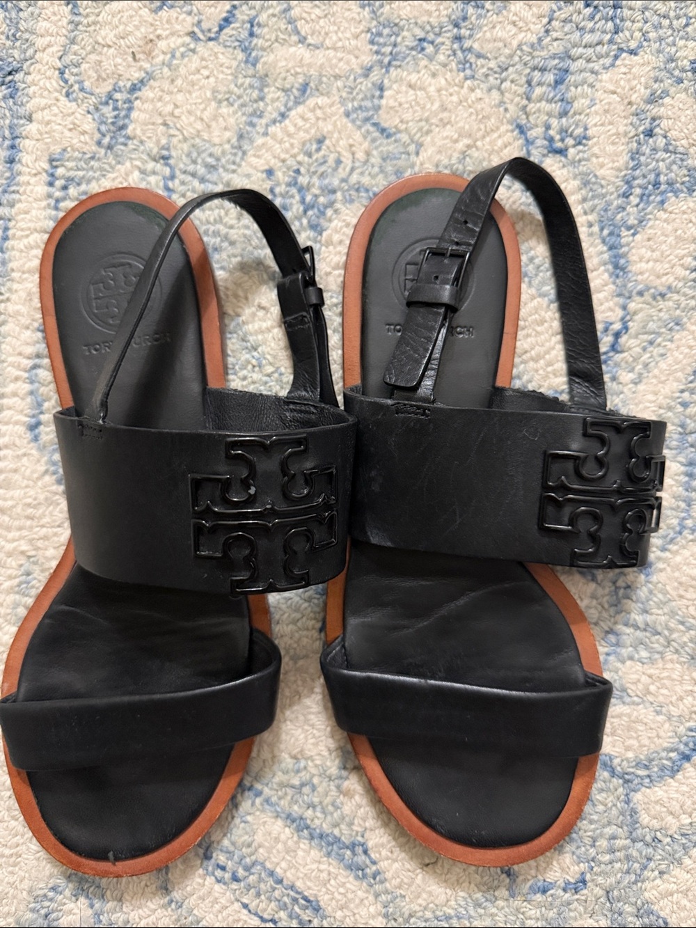 Tory Burch Black Leather Logo Slingback Sandals